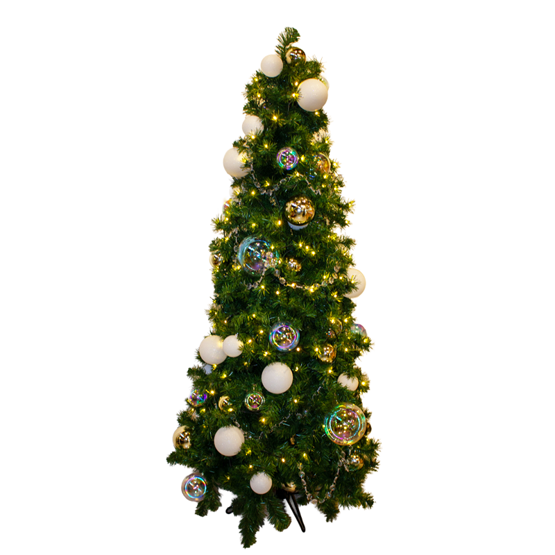 Slimline Christmas tree 1.8m with warm white lights, iridescent baubles and jewel garland