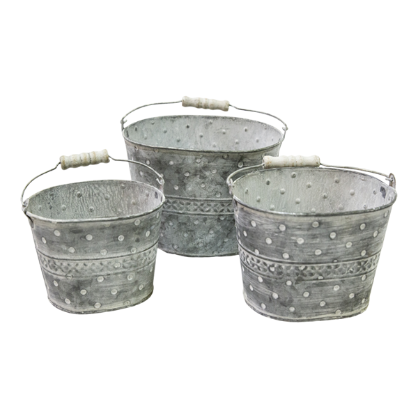 Planter Studded Tin Silver & White Wash 3set