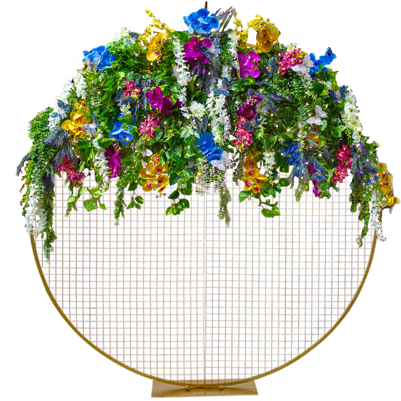 Screen Round Mesh Metal Gold with LEDs, Garden Florals & Butterflies