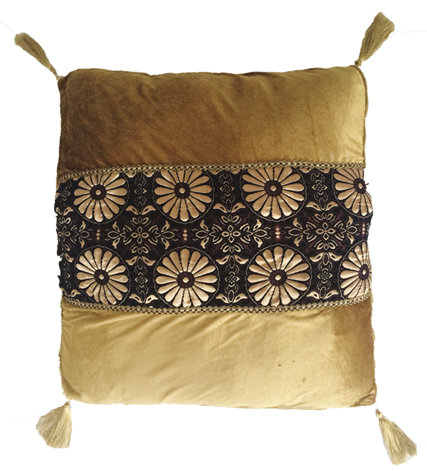 Cushion Velvet Pattern Band with Tassels Gold & Brown