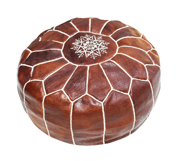 Ottoman Moroccan Tan Leather Round White Detailing