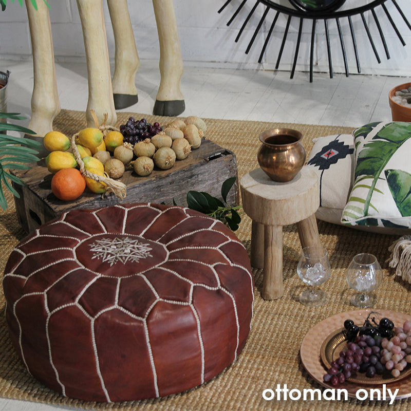 Ottoman Moroccan Tan Leather Round White Detailing