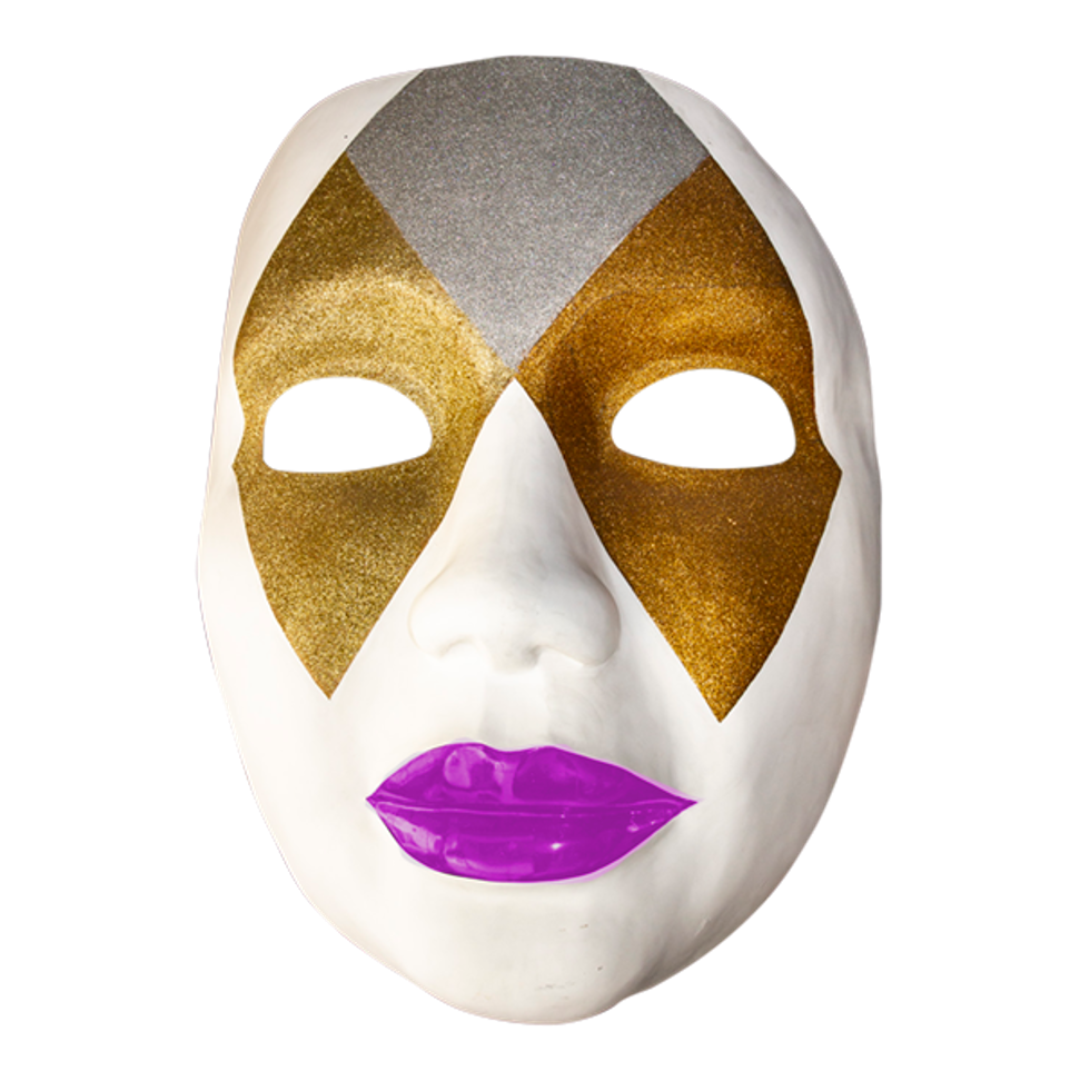 Novelty Mask Full Face Fiberglass Gold, Silver & White with Pink Lips