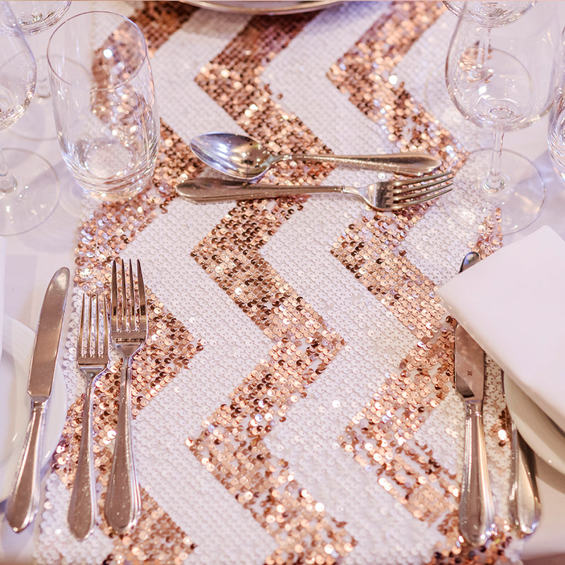 Linen Table Runner Chevron Sequin Gold & White