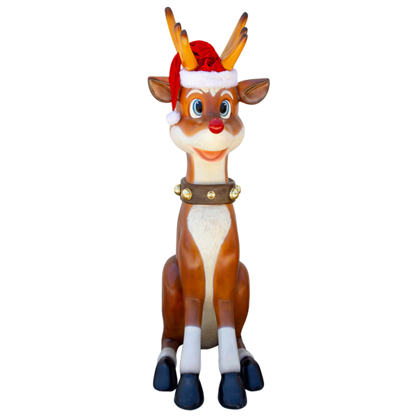 Reindeer Sitting Cartoon Face Fibreglass Brown & Red