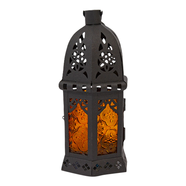 Lantern Metal Black Glass Orange