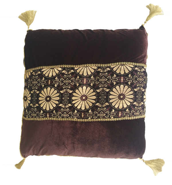 Cushion Velvet Pattern Band with Tassels Brown & Gold