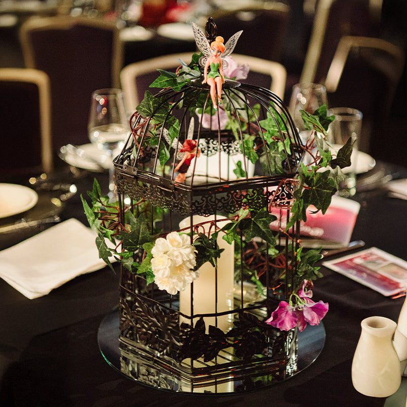 Birdcage Metal Black with Floral & Fairy Embellishments