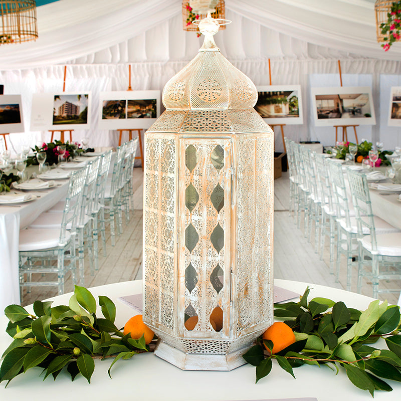 Lantern Metal Etched Antique White