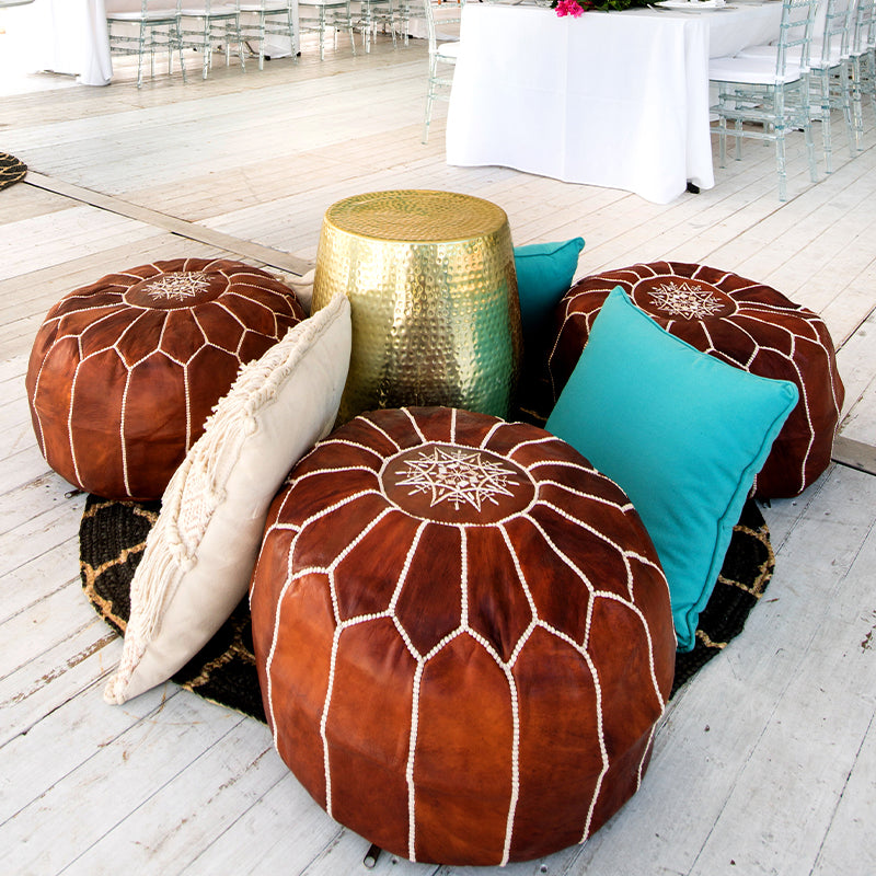 Ottoman Moroccan Tan Leather Round White Detailing